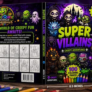 以下が含まれることがあります： 3～5歳向けの「Super Villains Creepy Adventures」というタイトルの子供向け塗り絵。モンスターや悪役のイラストが特徴です。この本は高さ21.6cmで、100ページの塗り絵があります。