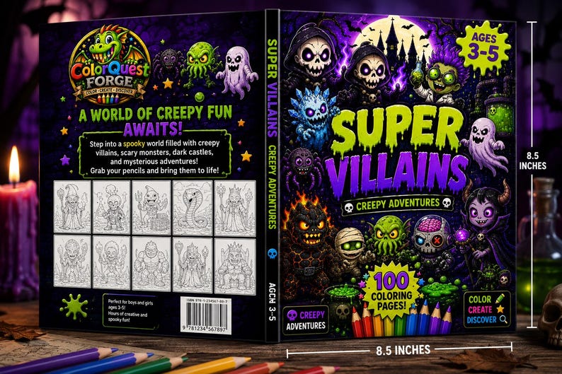 以下が含まれることがあります： 3～5歳向けの「Super Villains Creepy Adventures」というタイトルの子供向け塗り絵。モンスターや悪役のイラストが特徴です。この本は高さ21.6cmで、100ページの塗り絵があります。