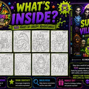 以下が含まれることがあります： 3～5歳向けの「Super Villains Creepy Adventures」というタイトルの子供向け塗り絵本。100ページに不気味な悪役やモンスターが描かれています。高さは21.59cmで、創造性を刺激します。