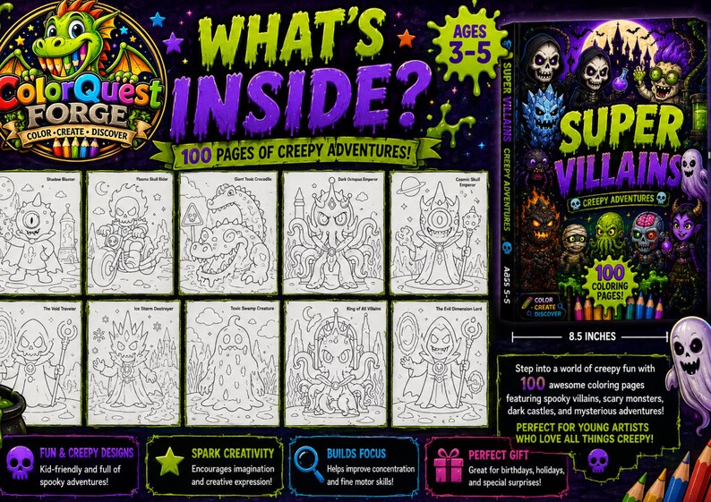 以下が含まれることがあります： 3～5歳向けの「Super Villains Creepy Adventures」というタイトルの子供向け塗り絵本。100ページに不気味な悪役やモンスターが描かれています。高さは21.59cmで、創造性を刺激します。