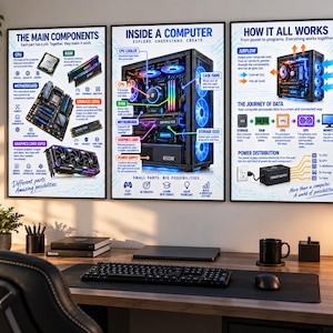 May include: A set of three educational wall posters detailing computer hardware. The posters feature diagrams and text explaining the main components, the internal layout of a computer case, and the functional processes of airflow and data flow.