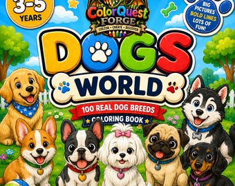 Dogs World Coloring Book for Kids Ages 3-5 | 100 Cute Dog Breeds | Easy Bold Line Art | Printable PDF Download