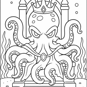 以下が含まれることがあります： 王冠をかぶり玉座に座るタコの白黒イラスト。タコは怒った表情をしており、泡、海藻、ヒトデ、岩に囲まれています。「Dark Octopus Emperor」の文字が上部にあります。