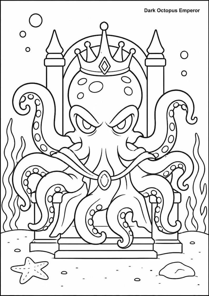 以下が含まれることがあります： 王冠をかぶり玉座に座るタコの白黒イラスト。タコは怒った表情をしており、泡、海藻、ヒトデ、岩に囲まれています。「Dark Octopus Emperor」の文字が上部にあります。