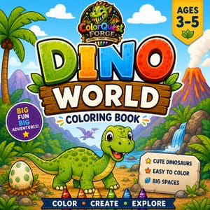 Op de afbeelding: Een kleurboek voor kinderen getiteld "Dino World" met een groene dinosaurusillustratie. De omslag bevat de tekst "Color Quest Forge" en "Ages 3-5". Extra tekst bevat "Big Fun Big Adventures!" en "Color, Create, Explore."