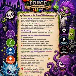以下が含まれることがあります： 「Color Quest Forge」というタイトルの子供向け塗り絵。テキストは「3～5歳」です。表紙には漫画の悪役やモンスターが描かれており、「100 Amazing Coloring Pages!」というテキストがあります。この本は、不気味な楽しさを愛する子供たちのために設計されています。