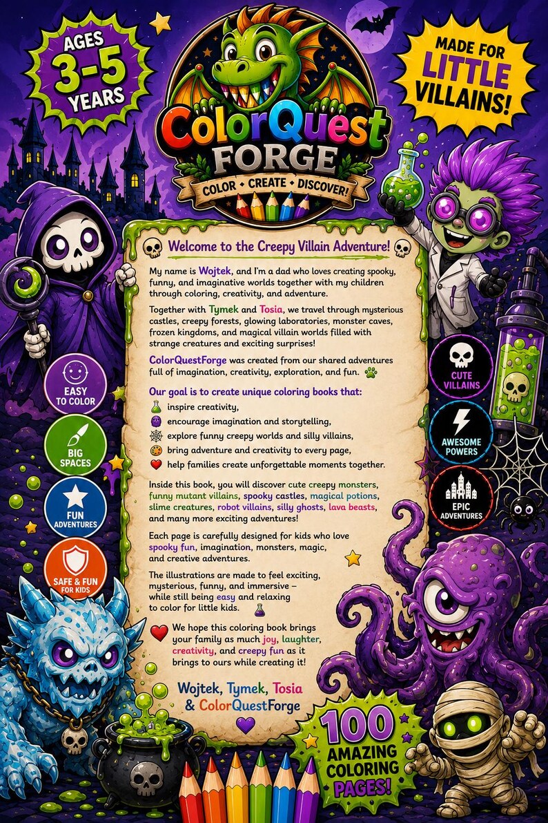 以下が含まれることがあります： 「Color Quest Forge」というタイトルの子供向け塗り絵。テキストは「3～5歳」です。表紙には漫画の悪役やモンスターが描かれており、「100 Amazing Coloring Pages!」というテキストがあります。この本は、不気味な楽しさを愛する子供たちのために設計されています。