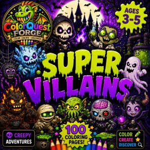 以下が含まれることがあります： 「Super Villains」というタイトルの子供向け塗り絵本のカラフルなイラスト。表紙には様々な漫画の悪役、お城、そして「100 Coloring Pages!」と「Ages 3-5」というテキストが描かれています。この本はColor Quest Forgeからです。