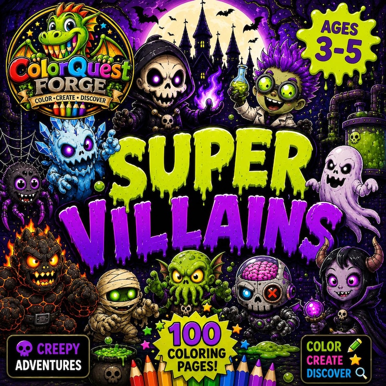 以下が含まれることがあります： 「Super Villains」というタイトルの子供向け塗り絵本のカラフルなイラスト。表紙には様々な漫画の悪役、お城、そして「100 Coloring Pages!」と「Ages 3-5」というテキストが描かれています。この本はColor Quest Forgeからです。