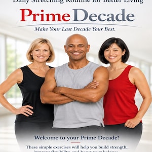 May include: Image of three people smiling, wearing workout attire. The text "Prime Decade" is displayed in red and blue. The text reads "Daily Stretching Routine for Better Living" and "Make Your Last Decade Your Best."