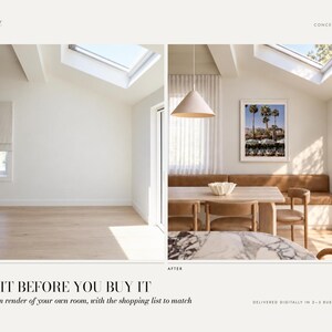 Pode incluir: Uma renderização de conceito de design de interiores em tela dividida mostrando uma visão de antes e depois de uma sala. O lado esquerdo exibe um espaço vazio com paredes brancas e piso de madeira clara. O lado direito apresenta uma área de jantar mobiliada com um banco de couro bege, cadeiras de madeira, uma luminária pendente clara e uma impressão de palmeira emoldurada na parede.