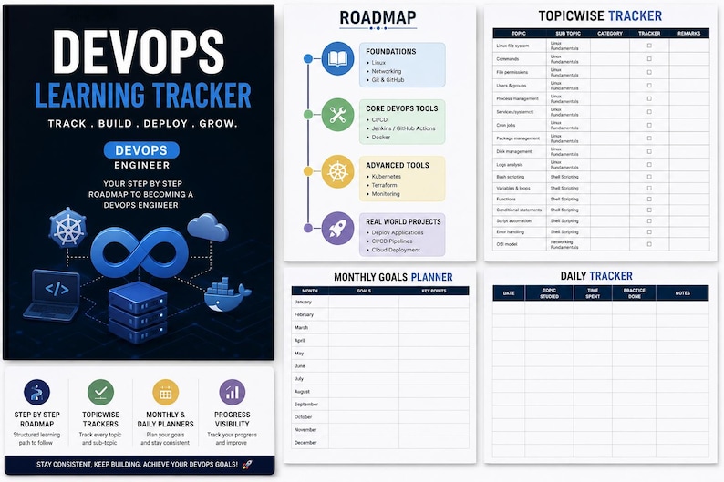 May include: A DevOps Learning Tracker with a dark blue background. The tracker includes a roadmap, topic trackers, monthly and daily planners, and progress visibility tools. The text includes "DEVOPS ENGINEER" and "TRACK. BUILD. DEPLOY. GROW."