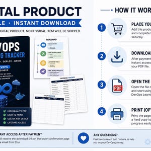 May include: Digital product image with the text "DIGITAL PRODUCT PDF FILE INSTANT DOWNLOAD". The image includes a book cover titled "DevOps Learning Tracker" and a "How it works?" guide with four steps.