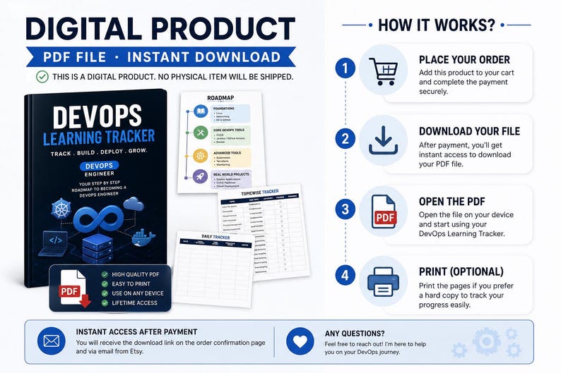 May include: Digital product image with the text "DIGITAL PRODUCT PDF FILE INSTANT DOWNLOAD". The image includes a book cover titled "DevOps Learning Tracker" and a "How it works?" guide with four steps.