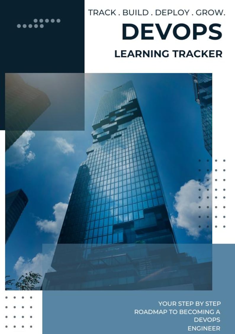 May include: A blue and white graphic with the text "DEVOPS LEARNING TRACKER" and "YOUR STEP BY STEP ROADMAP TO BECOMING A DEVOPS ENGINEER." The background features a tall, modern skyscraper against a blue sky.