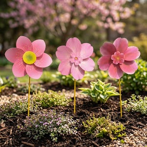 Rosa blomma vindspinner trädgårdspåke, körsbärsblommande vindsnurra trädgårdsdekor, utomhusgräsmatta väderkvarn blomma ornament