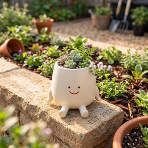 Pode incluir: Um vaso de cerâmica creme com um rosto sorridente, braços e pernas, cheio de suculentas e vegetação. O vaso está em uma parede de pedra com "EST. 2024" gravado. O fundo mostra um jardim.