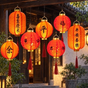 May include: A collection of seven hanging lanterns in vibrant red and orange hues, featuring gold-toned metal caps and matching tassels. Each lantern is adorned with black Chinese calligraphy characters, creating a uniform display of light.