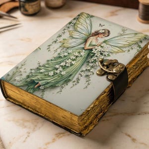 Könnte beinhalten: Ein dekoratives Notizbuch mit einer Feenillustration auf dem Einband. Die Fee trägt ein grünes Kleid mit weißen Blumen und Schmetterlingsakzenten. Das Notizbuch hat goldfarbene Kanten und einen Verschluss.