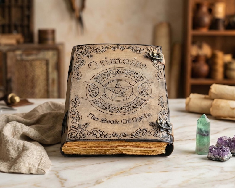 K&ouml;nnte beinhalten: Ein ledergebundenes Buch mit dem Titel "Grimoire The Book Of Spells" mit einem gepr&auml;gten Pentagramm und Mond-Design. Das Buch hat gealterte, vergilbte Seiten und verzierte Metallverschl&uuml;sse. Der Einband ist hellbraun.