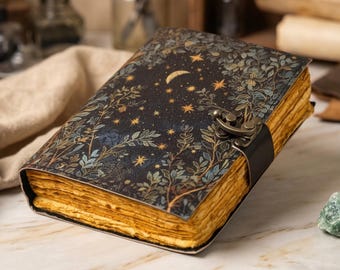 Celestial Moon Lederbuch mit Schloss | Vintage Astrologie Notizbuch, Boho Tagebuch