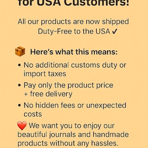 K&ouml;nnte beinhalten: Beige Grafik mit der Aufschrift &bdquo;Fantastic News for USA Customers!&ldquo;, die zollfreien Versand ank&uuml;ndigt. Vorteile: keine Zollgeb&uuml;hren, Produktpreis + kostenlose Lieferung, keine versteckten Geb&uuml;hren. Werbung f&uuml;r Journale und handgefertigte Produkte.