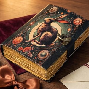 May include: A decorative journal with a detailed illustration of a rabbit inside a crescent moon, surrounded by celestial and floral elements. The cover is dark blue with gold accents, and the pages have a vintage, aged appearance. A metal clasp secures the journal.