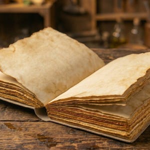 K&ouml;nnte beinhalten: Ein aufgeschlagenes, gealtertes Buch mit pergamentartigen Seiten. Die Seiten haben einen rauen, unebenen Rand und sind mit braunen Flecken versehen. Das Buch liegt auf einer verwitterten Holzoberfl&auml;che, was ein Vintage- oder Antik-Thema suggeriert.