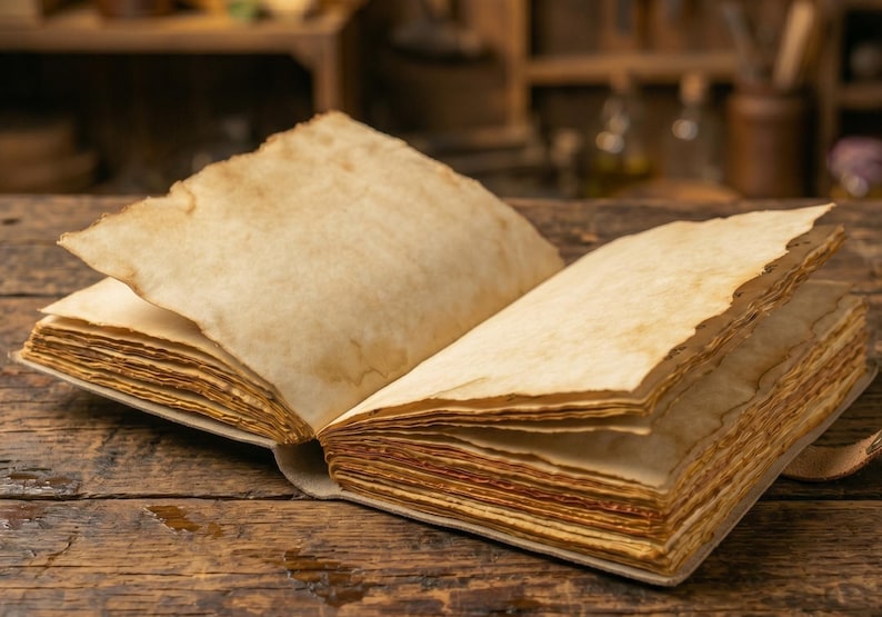 K&ouml;nnte beinhalten: Ein aufgeschlagenes, gealtertes Buch mit pergamentartigen Seiten. Die Seiten haben einen rauen, unebenen Rand und sind mit braunen Flecken versehen. Das Buch liegt auf einer verwitterten Holzoberfl&auml;che, was ein Vintage- oder Antik-Thema suggeriert.