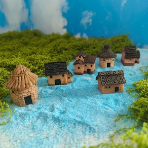 6 st miniatyrstuga med halmtak, vintage älvträdgårdshus, terrarium, diorama, dockhus, dekoration och landskap