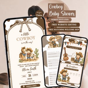 May include: Digital baby shower invitation templates displayed on three mobile devices. The designs feature a cowboy theme with brown cow print borders, rope illustrations, and cartoon graphics of a child in a cowboy hat, a horse, and a calf.