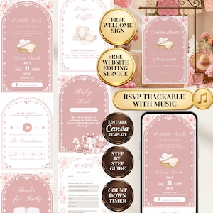 Könnte beinhalten: Ein digitales Babyparty-Einladungsset in Altrosa mit bogenförmigen Rahmen, floralen Akzenten und Illustrationen eines Babykorbs. Das Set enthält Vorlagen für Windelverlosung, Baby-Wunschliste, RSVP-Antworten und einen Countdown-Timer.