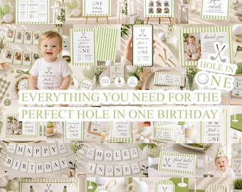 Hole in One Birthday Mega Bundle, Golf 1st Birthday Party Decorations, Editable Canva
