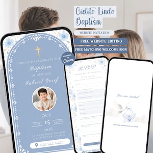 Puede incluir: Una plantilla de invitación digital para bautizo mostrada en tres teléfonos inteligentes. El diseño presenta un fondo azul polvoriento con detalles florales blancos, una cruz dorada y texto que incluye Cielito Lindo Baptism, Join us to celebrate the Baptism of our son Gabriel Yosef, Oct 15 2026, y Google Maps.
