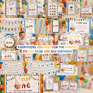 Può includere: Una collezione di decorazioni per feste di compleanno con un tema carnevalesco colorato con accenti rossi, blu e gialli. Gli articoli includono striscioni, cartelli, etichette per alimenti e oggetti di scena per foto, tutti con il testo Fun to be One.