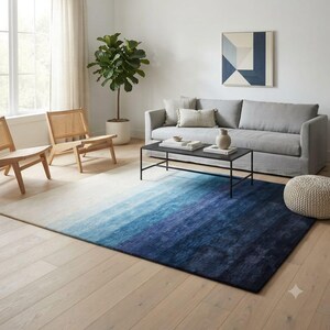Hand Tufted Blue Ombre Rug, Gradient Living Room Area Carpet, Solid Striped Modern Floor Mat, Contemporary Wool Decor, Custom Size