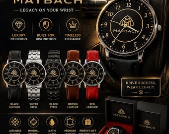Relógio de pulso Maybach Luxury Inspired – Preto e Dourado, um elegante presente para entusiastas de carros.