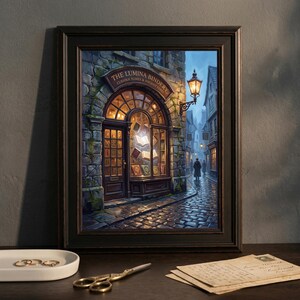 May include: A framed wall art print depicting a stone building storefront labeled The Lumina Bindery Curious Tomes & Ancient Texts. The scene features an arched window with glowing books, a street lamp, and a cobblestone alleyway in blue tones.