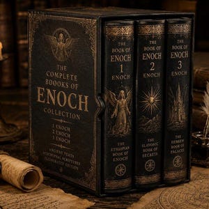 May include: A boxed set of three antique-style books titled "The Book of Enoch." The books are black with gold lettering and illustrations. The box and books feature the text "The Complete Books of Enoch Collection" and "Ancient Texts Apocryphal Scriptures Illustrated Edition."