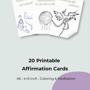 Puede incluir: Un conjunto de 20 tarjetas de afirmación imprimibles de tamaño A6 o 4x6 pulgadas, con ilustraciones de líneas en blanco y negro y el texto My path is unique and valuable, I open myself to the good in my life e I create my life with ease.
