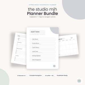 Puede incluir: Un paquete de planificadores digitales titulado the studio mjh Planner Bundle, que presenta un sistema con hipervínculos con seis planificadores que incluyen páginas para gestión diaria, semanal, de proyectos, metas, reuniones y clientes.