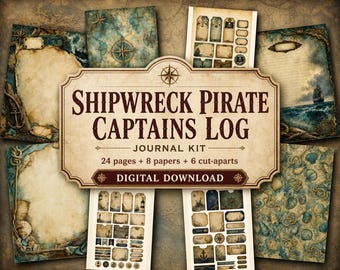 Kit diario di bordo del capitano pirata naufragato, pagine di diario stampabili, download digitale, kit di effimeri, carta per scrapbooking