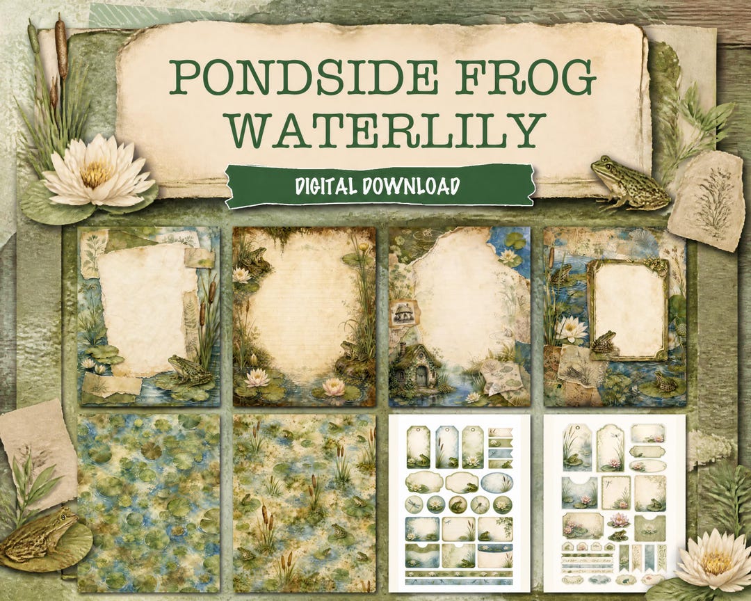 Pondside Frog Waterlily Junk Journal Kit, Printable Journal Pages ...