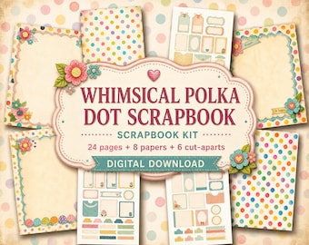 Kit di carta per scrapbooking a pois stravaganti, carte per collage colorate stampabili, pagine di diario kawaii, etichette ritagliate (download digitale).
