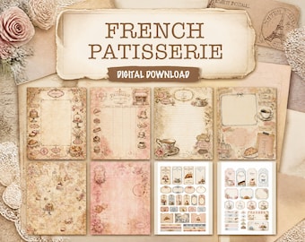Kit de diario de recortes de pastelería francesa, páginas de diario imprimibles, descarga digital, kit de efímeros, papel para álbum de recortes