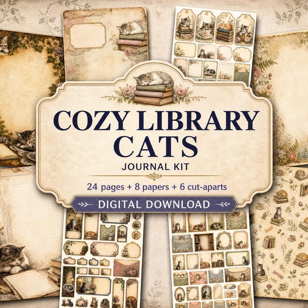 Cozy Library Cats Junk Journal Kit, Printable Cat Ephemera, Botanical Cat Papers, Vintage Kitten Scrapbook Digital Download