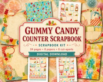Kit de álbum de recortes con contador de caramelos de goma, páginas de diario imprimibles, descarga digital, kit de efímeros, papel para álbum de recortes