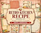 Retro Kitchen Recipe Junk Journal Kit, Printable Recipe Cards, 1950s Cookbook Pages, Pantry Labels, Gingham Paper, Vintage Inspired Ephemera