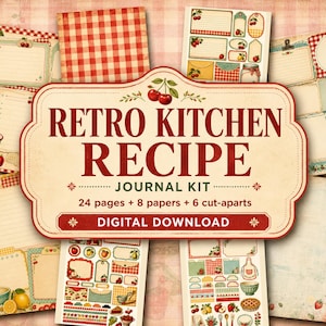 Kit de diario de recetas retro para cocina, tarjetas de recetas imprimibles, páginas de libros de cocina de los años 50, etiquetas para despensa, papel a cuadros, artículos efímeros de inspiración vintage.