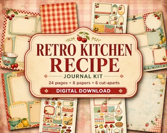 Kit de diario de recetas retro para cocina, tarjetas de recetas imprimibles, páginas de libros de cocina de los años 50, etiquetas para despensa, papel a cuadros, artículos efímeros de inspiración vintage.